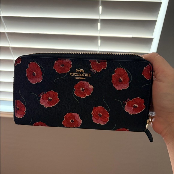 Coach Handbags - Coach Black Zip Wallet with Red Floral Print